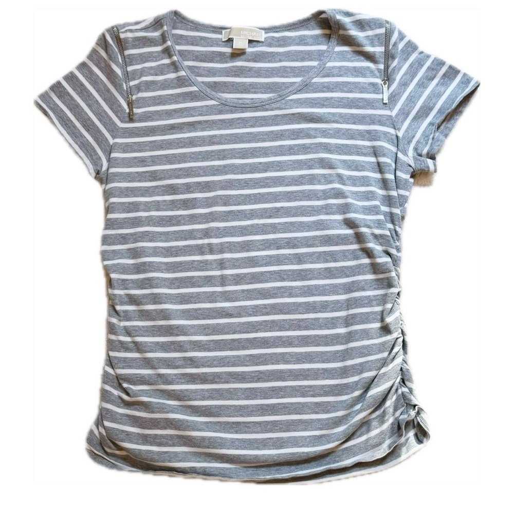 Michael Kors Gray Ruched Short Sleeve Tee with Shoulder Zips